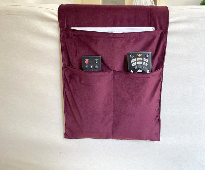 Plum Velvet Armrest Organizer,Remote Control Holder,Storage Basket,Armchair Organizer,Birthday Gift,Housewarming Gift