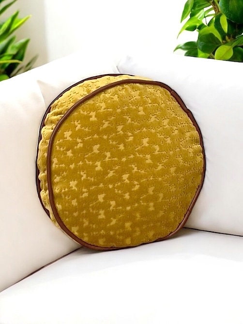 Velvet Mustard Boho Floral Faux Leather Piping Decorative Pillow With Insert