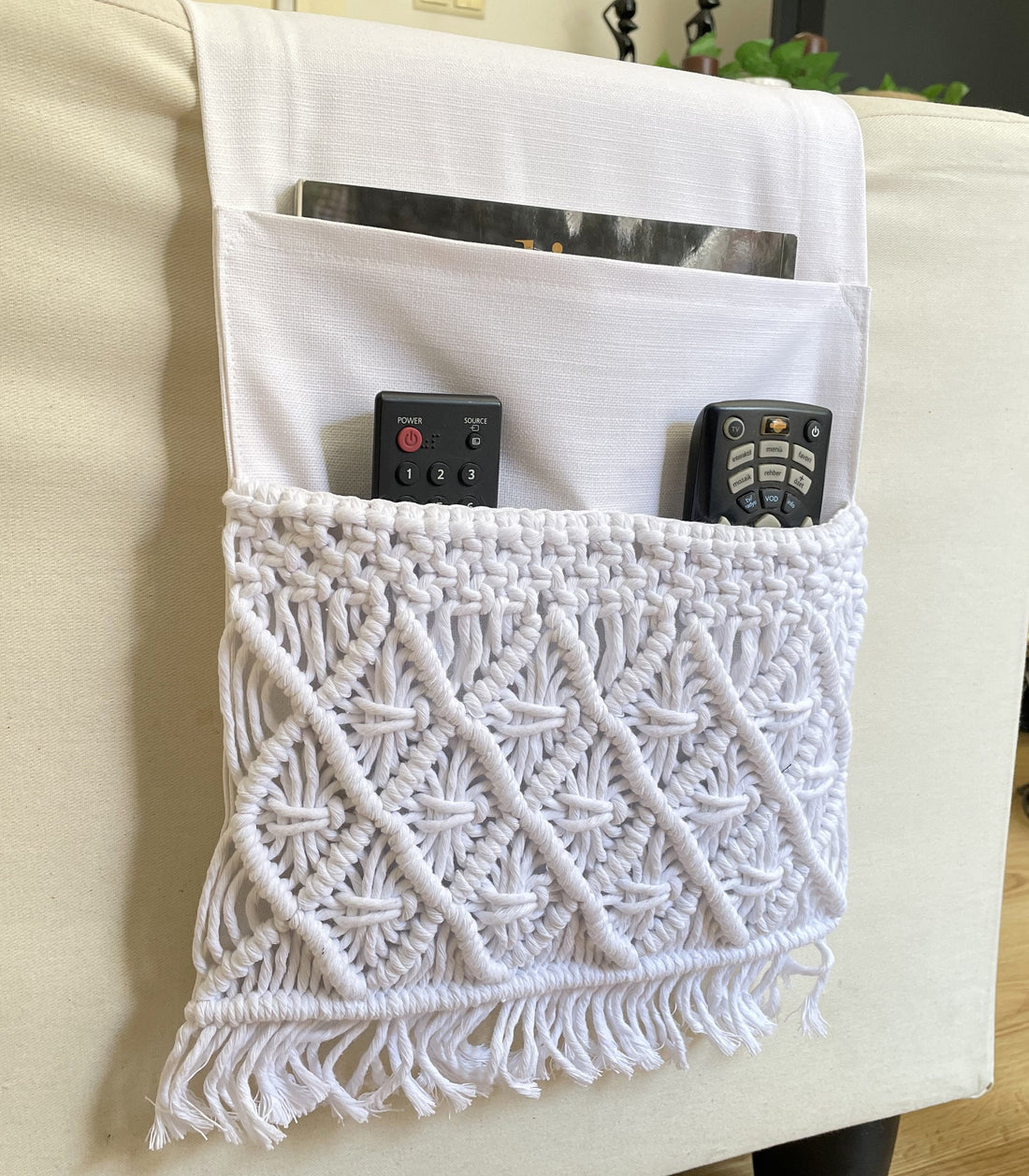 White Macrame Armrest Organizer,Remote Control Holder,Storage Basket,Armchair Organizer,11x37"