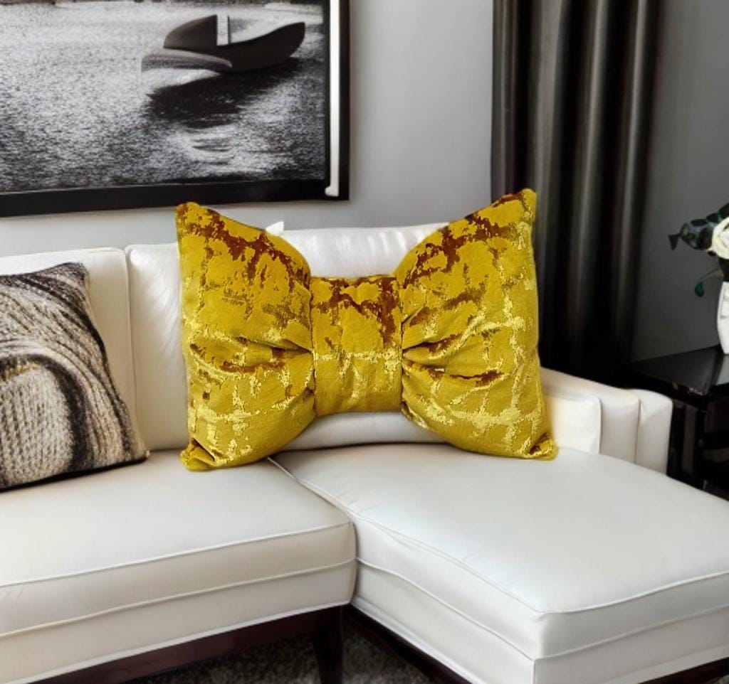 Mustard Gold Luxurious Velvet Bow Pillow