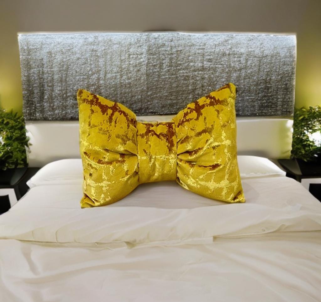 Mustard Gold Luxurious Velvet Bow Pillow