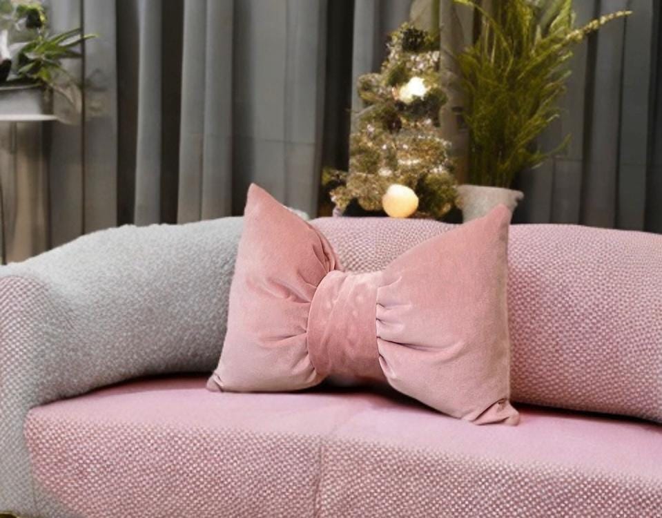 Luxurious Pale Pink Velvet Bow Pillow