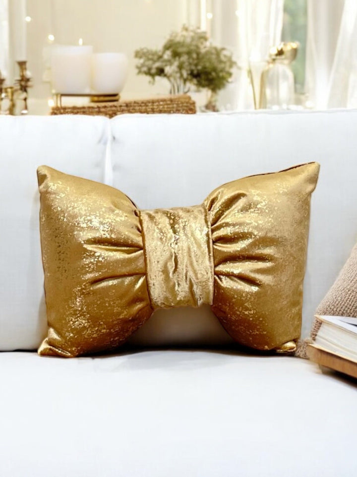 Luxurious Gold Velvet Bow Pillow