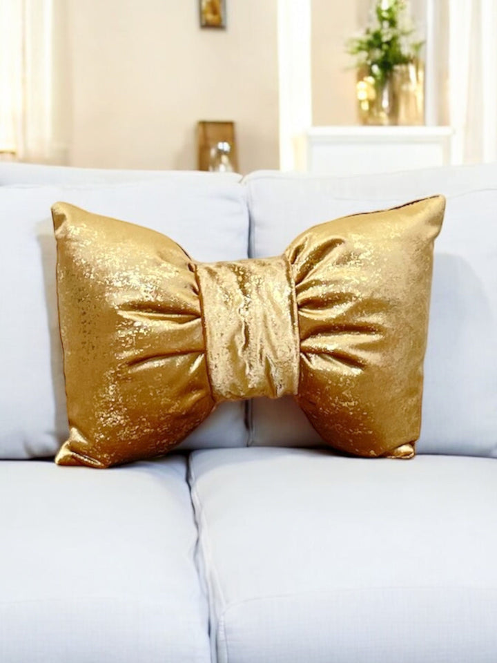 Luxurious Gold Velvet Bow Pillow