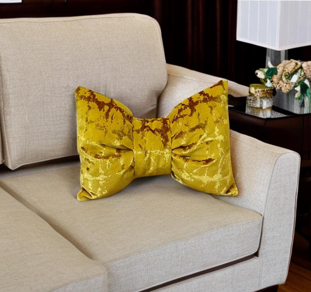 Mustard Gold Luxurious Velvet Bow Pillow