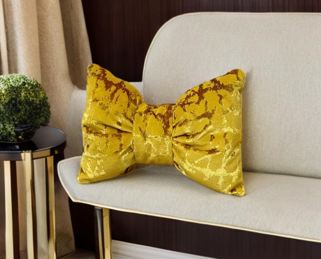 Mustard Gold Luxurious Velvet Bow Pillow