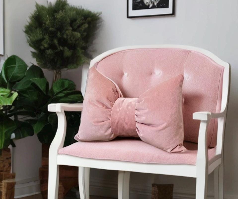 Luxurious Pale Pink Velvet Bow Pillow