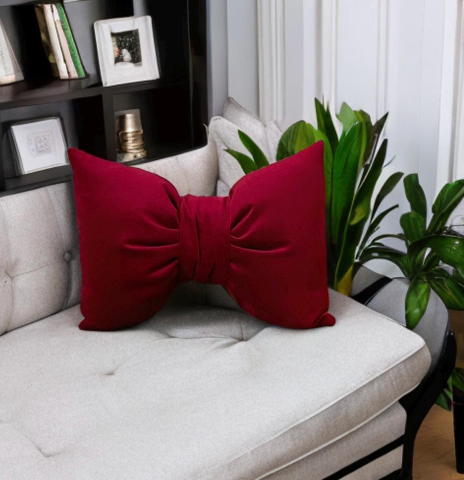 Luxurious Solid Red  Velvet Bow Pillow