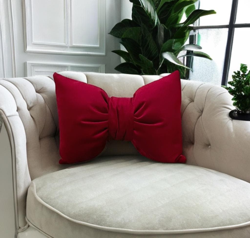 Luxurious Solid Red  Velvet Bow Pillow