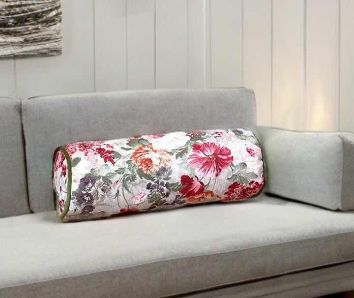 Luxurious Red Floral Piping Bolster Pillow Cover