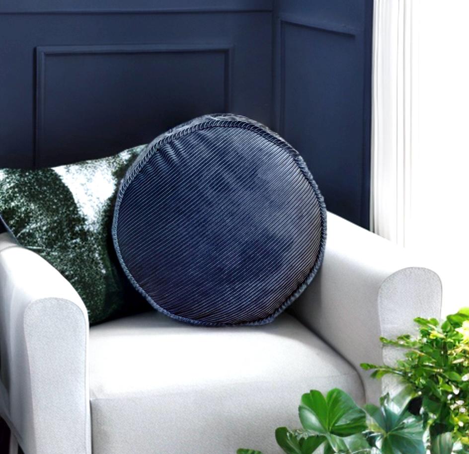 Gray Blue Piping Velvet Round Pillow