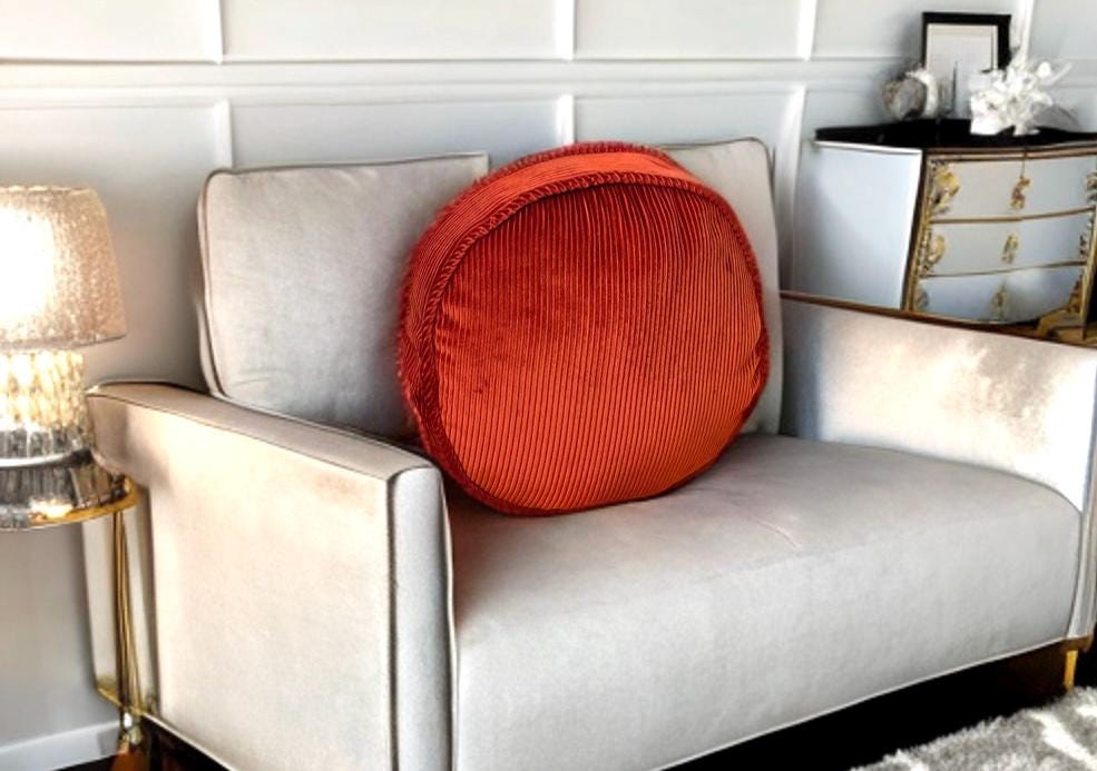 Burned Orange Piping Velvet Round Pillow