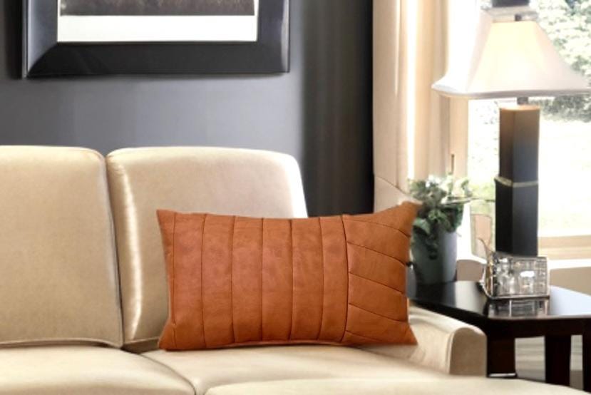 Channel Stitched Faux Leather Lumbar Pillow Cover