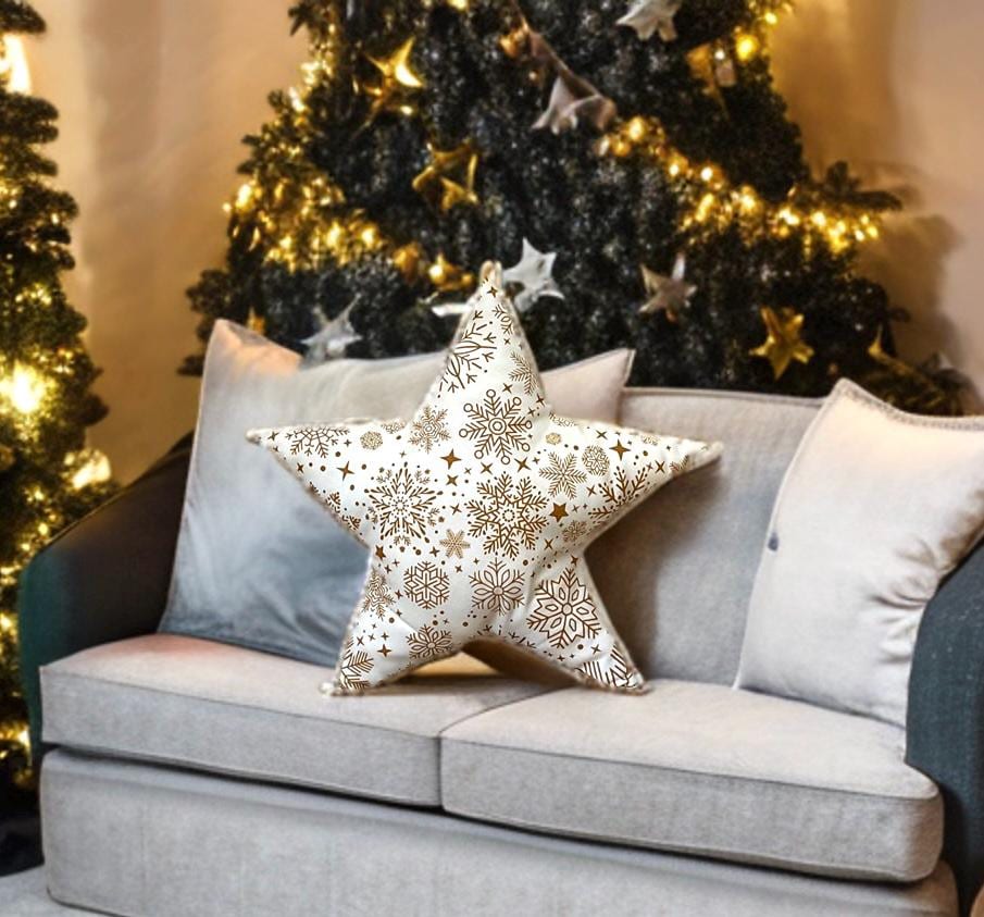 Gold Snow Flakes Star Shaped Pillow