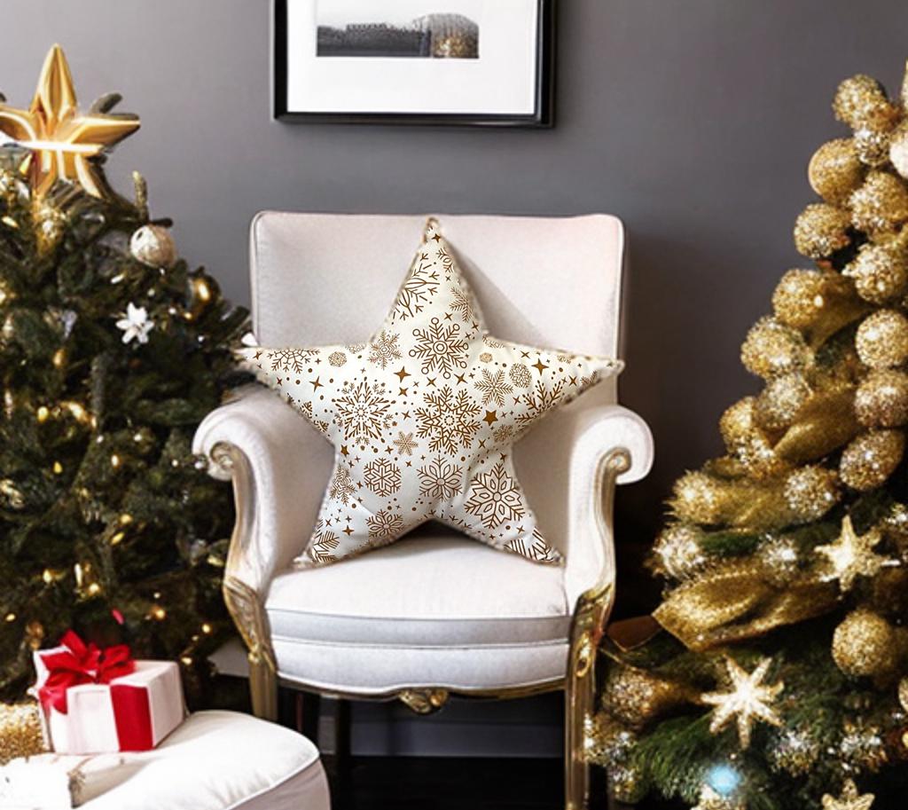 Gold Snow Flakes Star Shaped Pillow