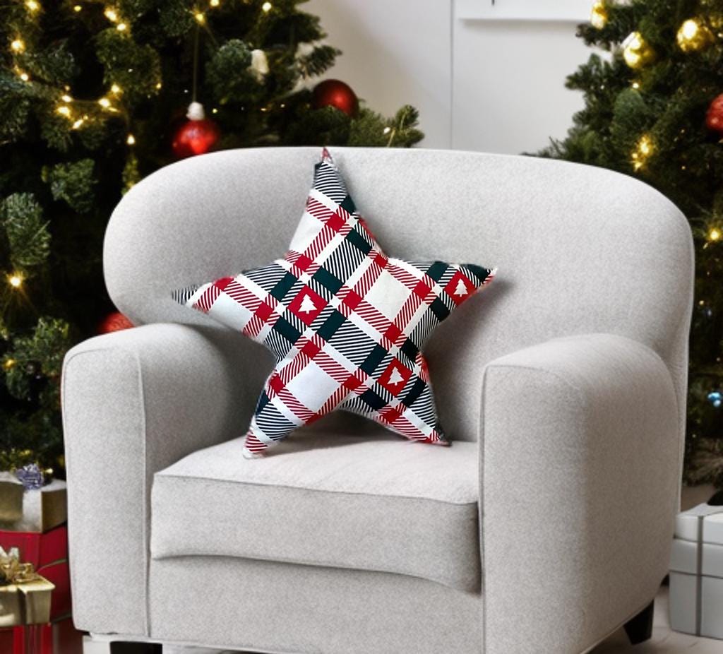 Plaid Christmas Tree  Star Shaped Pillow