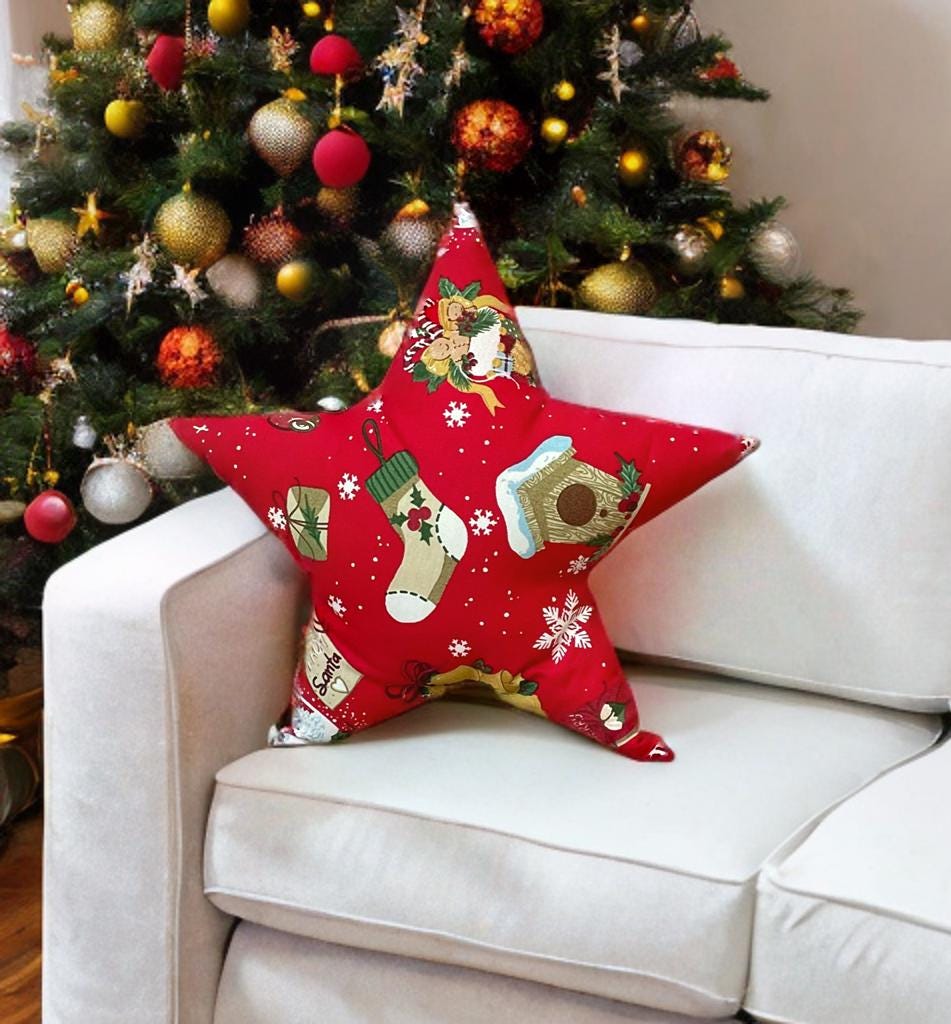 Stylish Red Christmas Socks Patterned Star Shaped Decorative Pillow-Holiday Home decor-Birthday gift -Housewarming Gift-Christmas Gift