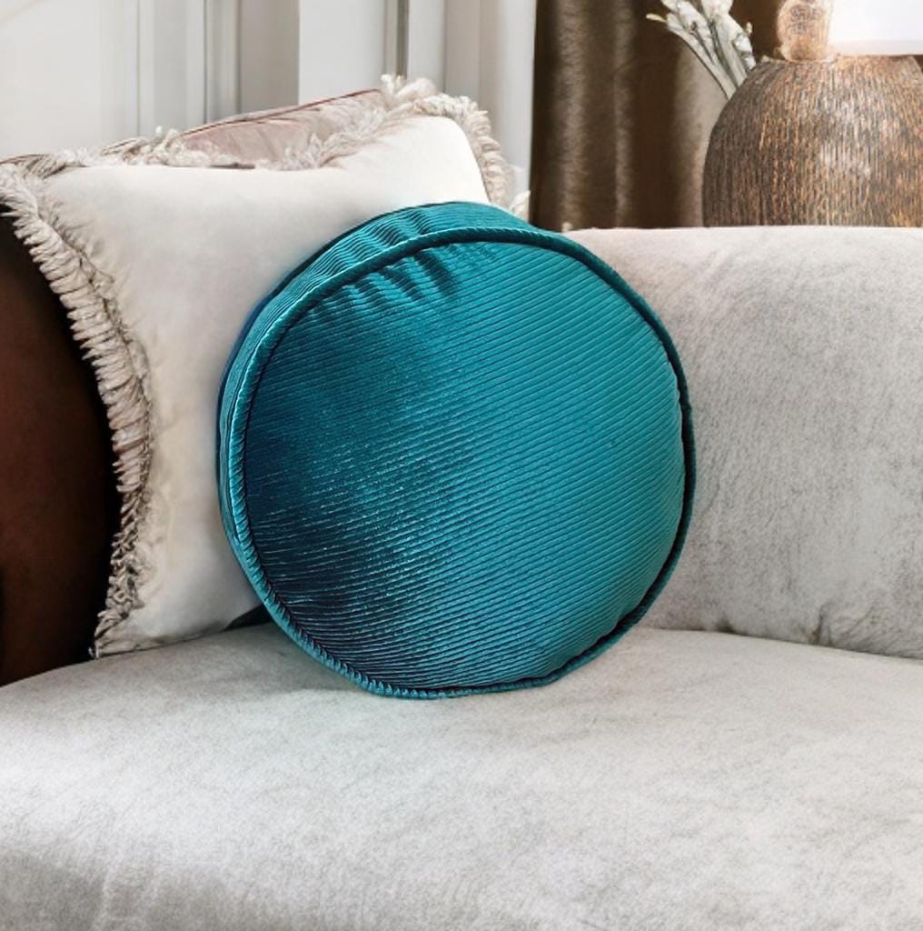 Teal Blue Elegance Corduroy Piping Decorative Velvet Round Pillow-Housewarming gift-Boho Home Decor-Birthday Gift-Circle Pillow