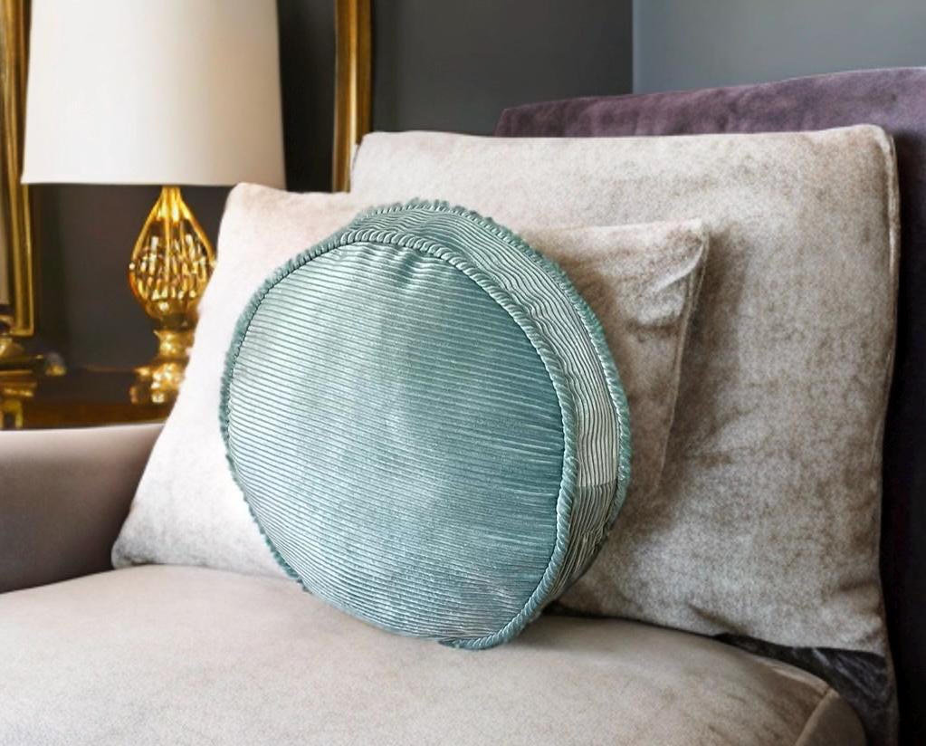 Luxurious Mint Green Piping Velvet Round Pillow