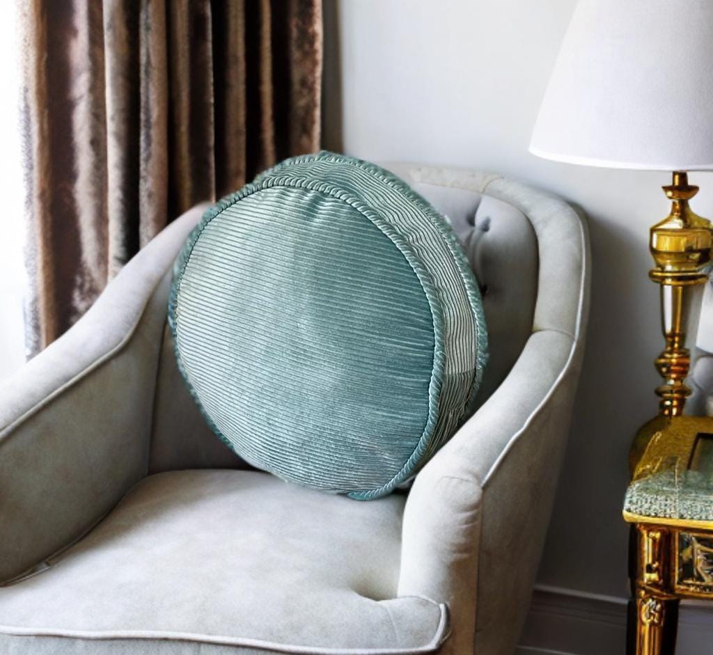 Luxurious Mint Green Piping Velvet Round Pillow