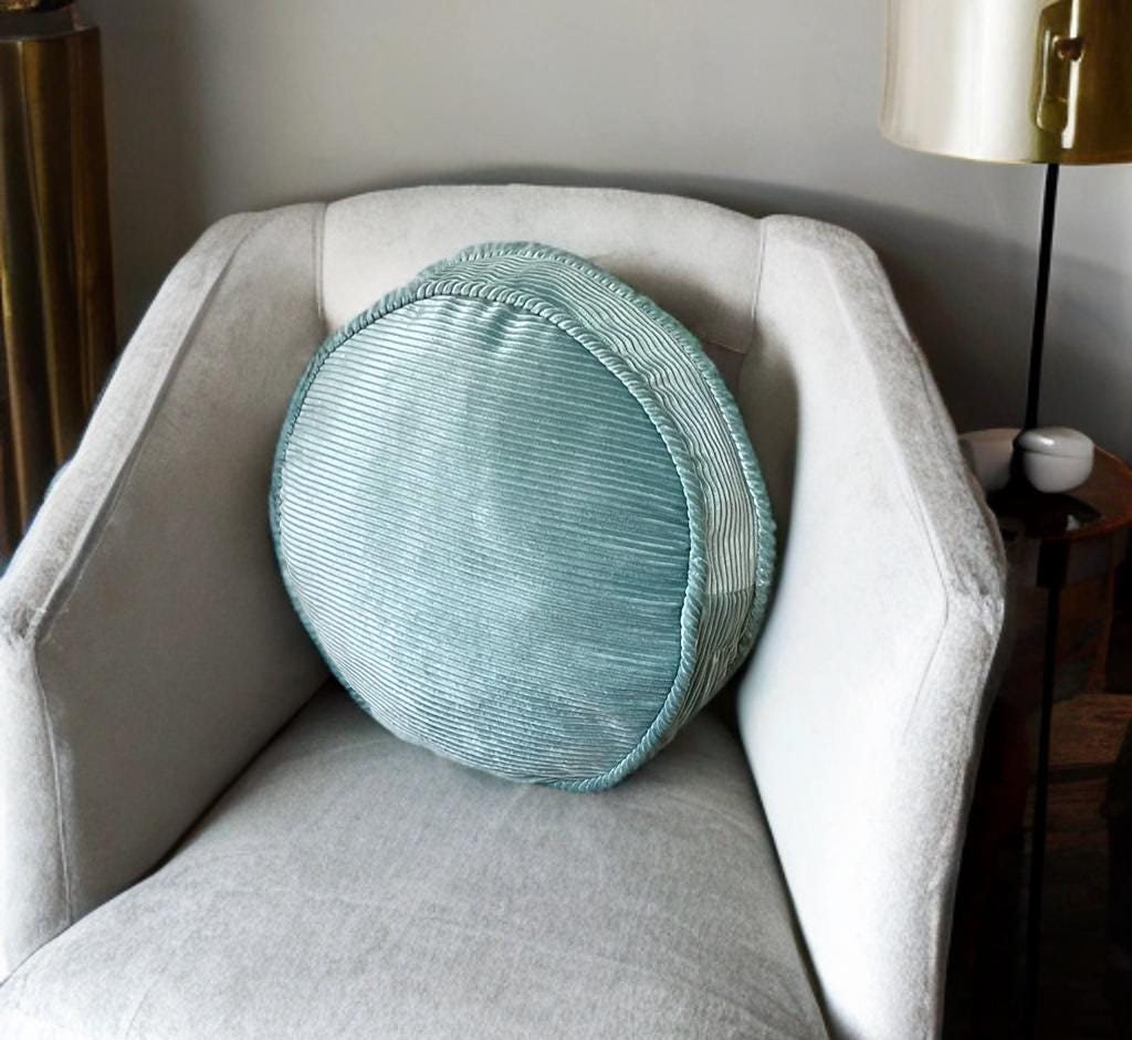 Luxurious Mint Green Piping Velvet Round Pillow