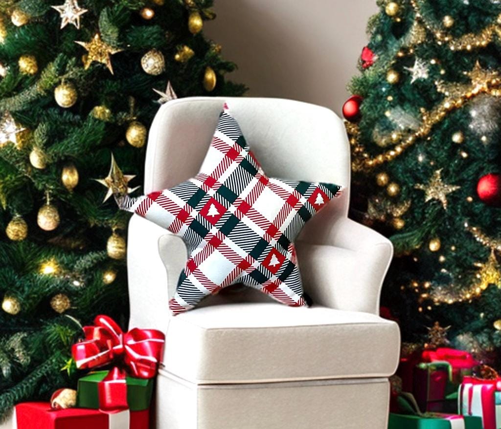 Plaid Christmas Tree  Star Shaped Pillow