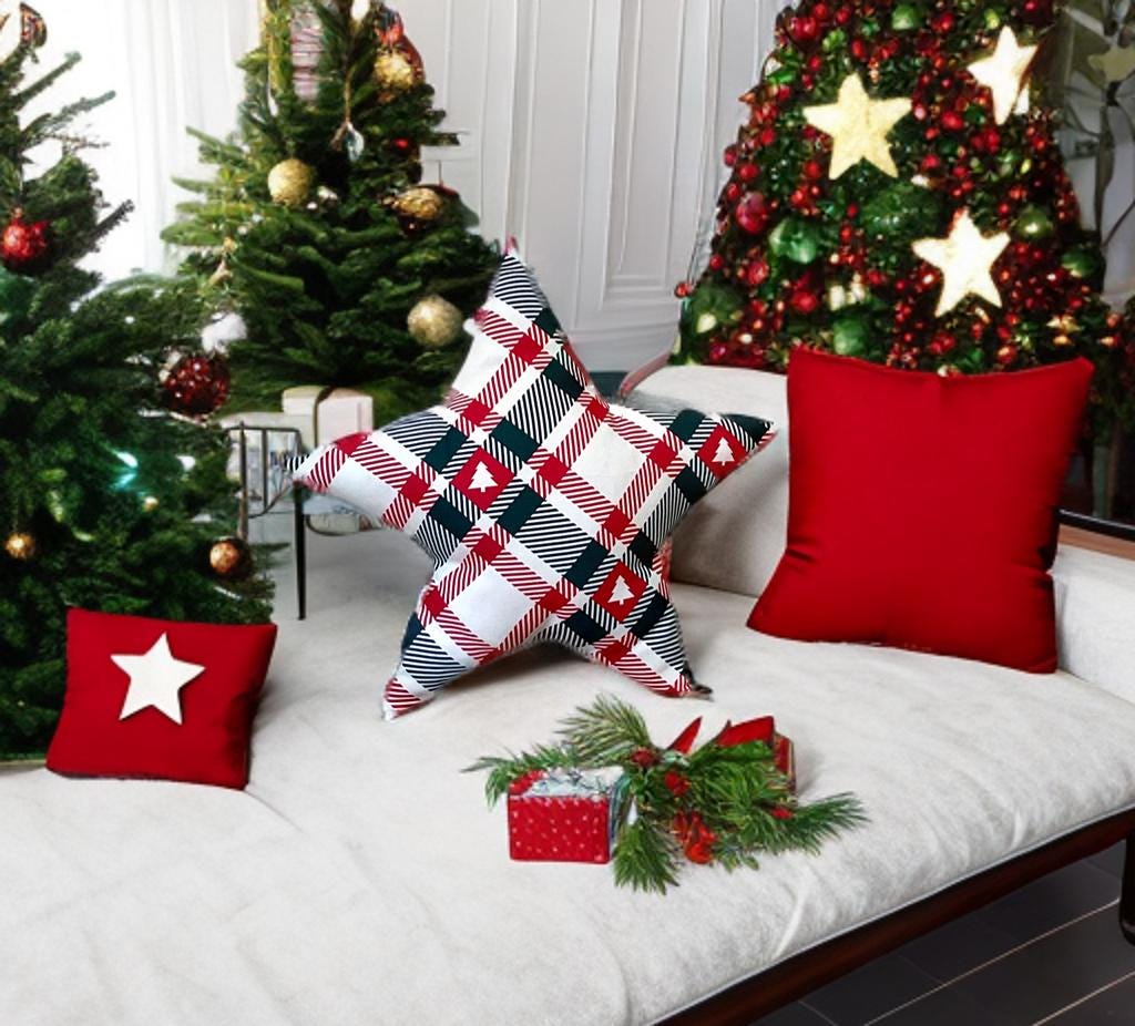 Plaid Christmas Tree  Star Shaped Pillow