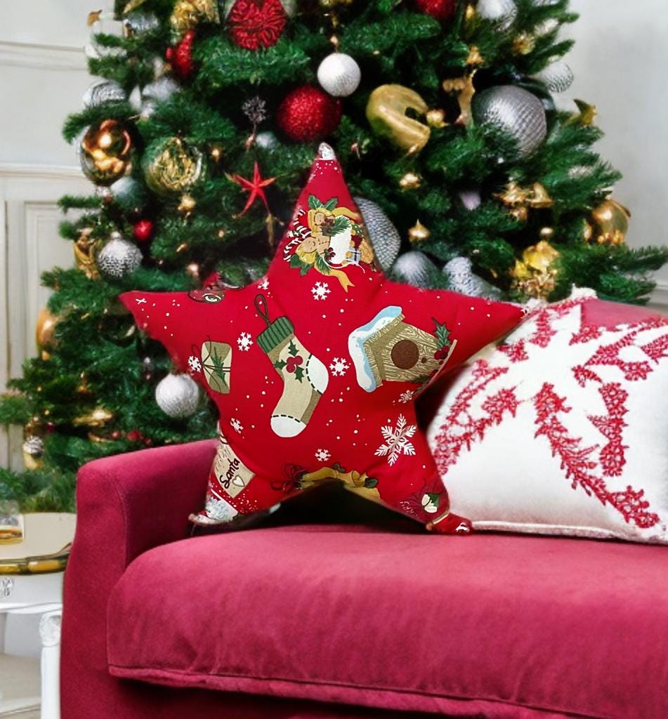 Stylish Red Christmas Socks Patterned Star Shaped Decorative Pillow-Holiday Home decor-Birthday gift -Housewarming Gift-Christmas Gift