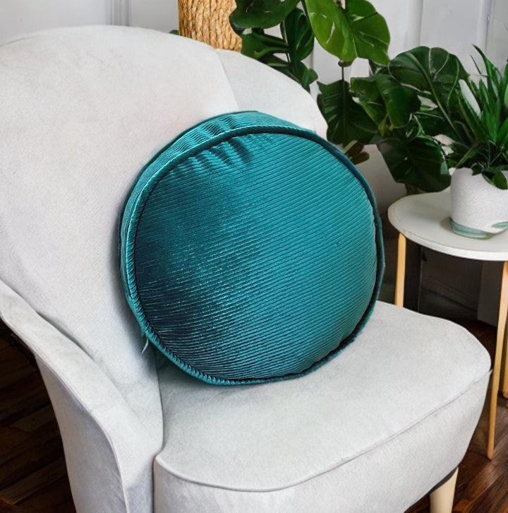 Teal Blue Elegance Corduroy Piping Decorative Velvet Round Pillow-Housewarming gift-Boho Home Decor-Birthday Gift-Circle Pillow