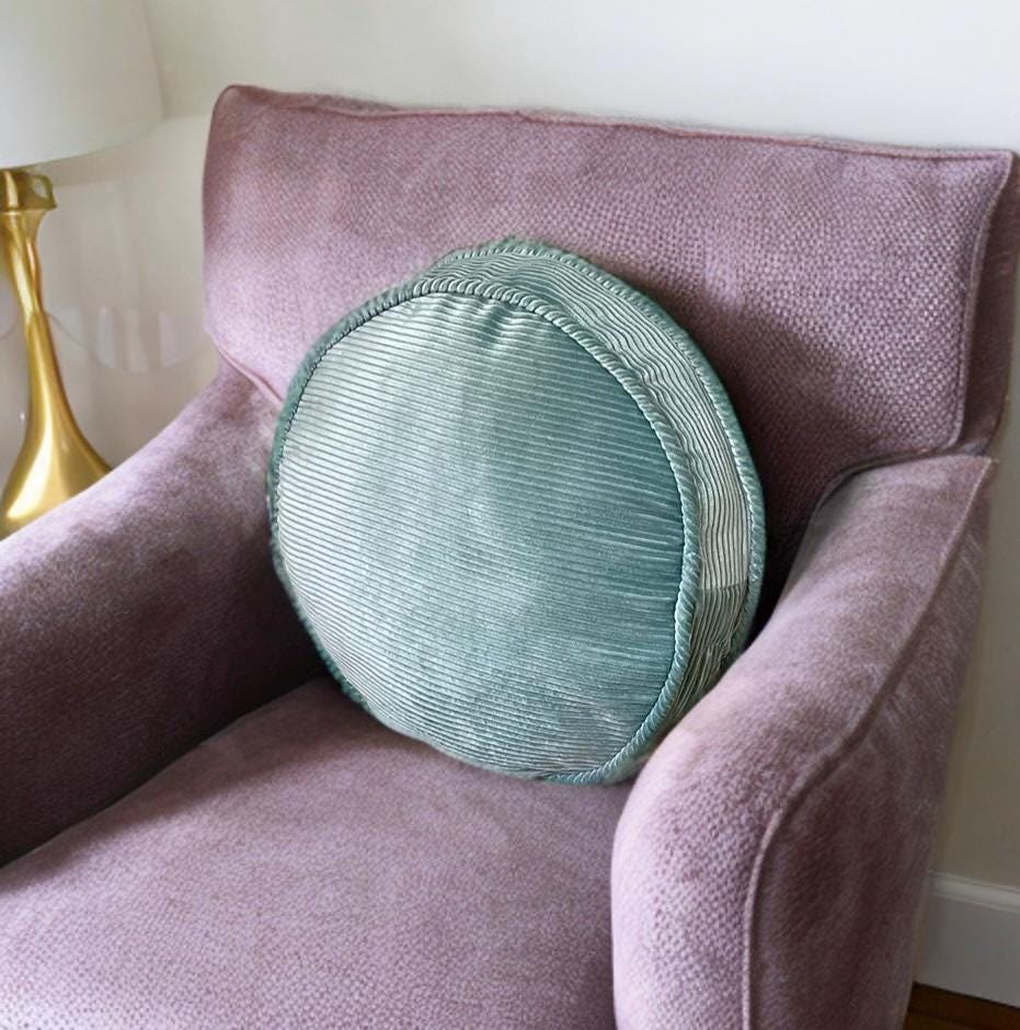 Luxurious Mint Green Piping Velvet Round Pillow